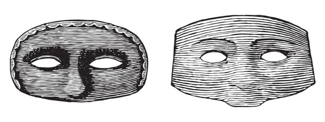 Hand drawings of two abstract vintage human masquerade mask, vector illustration isolated on white