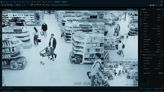 Multi-angle CCTV Footage Monitors Grocery Store. Surveillance System: Secure Shoppers Buying Products with Convenience. Advanced Security Technology Tracks Customer Throughout the Retail Environment.