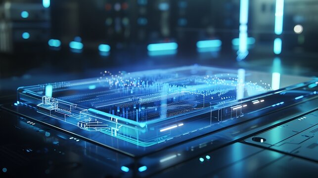 A transparent tablet with a holographic interface floating above it, displaying futuristic data.