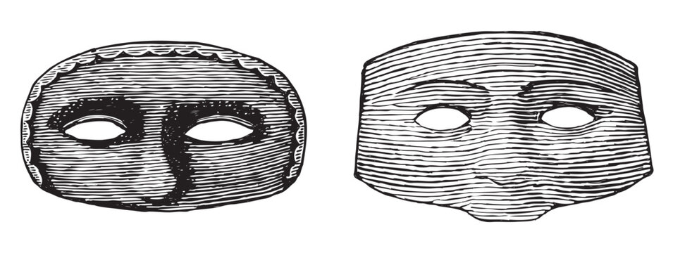 Hand drawings of two abstract vintage human masquerade mask, vector illustration isolated on white