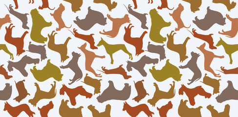 Seamless pattern of different dogs breeds silhouettes, background, wallpaper, paper, textile
