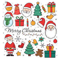 Collection of doodle Christmas Badges, Patches, Stickers. New Year's design elements and icons. Santa Claus, Snowman, Snowflake, Fir Tree in Comic Style