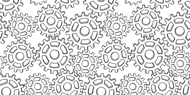Seamless pattern of contour drawings gear wheels, vector background, paper, wallpaper