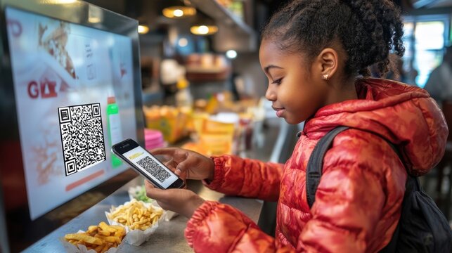 A teenage girl scans a QR code displayed on a screen while ordering food at a fast-food counter
