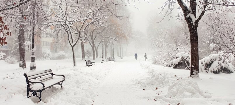 Winter in the City: Snow-Covered Urban Park with Benches and Pathways - Harsh Weather Conditions