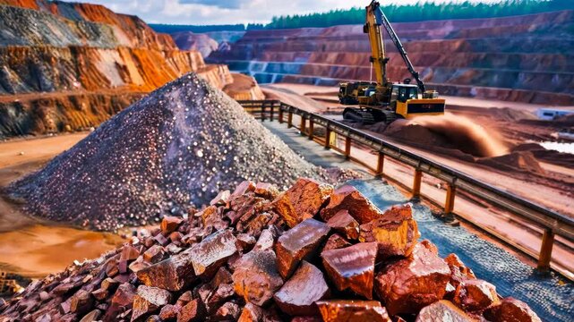 Electric rope shovel and dump truck at a copper mine