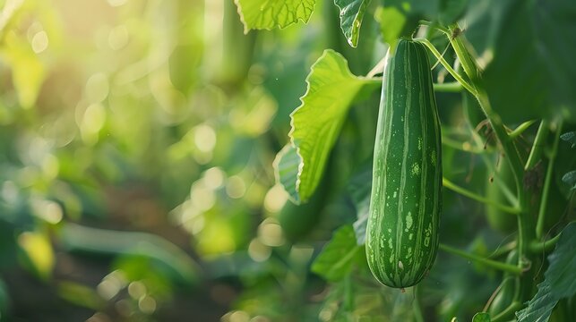Luffa acutangula roxb or green angled gourd hanging in organic vegetable farm background