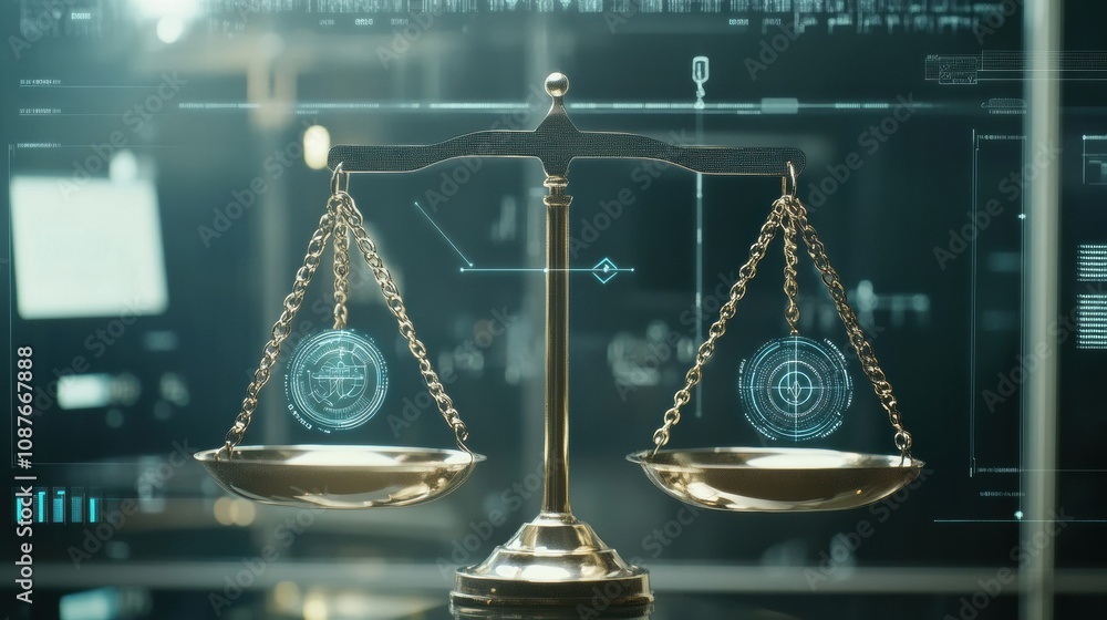 Poster A set of golden scales symbolizing justice stands in a high-tech legal environment, illustrating the balance of law and ethics. Generative AI