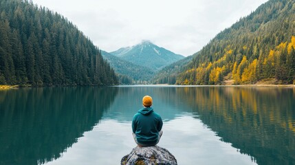 Contemplative moment at tranquil lake nature inspired outdoor serenity scenic viewpoint personal reflection