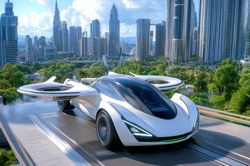 A 3D-rendered aerial view of a futuristic city with geometric buildings and flying cars