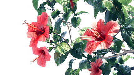 flowering hibiscus bush with red blossoms and glossy green leaves, photorealistic on a png background