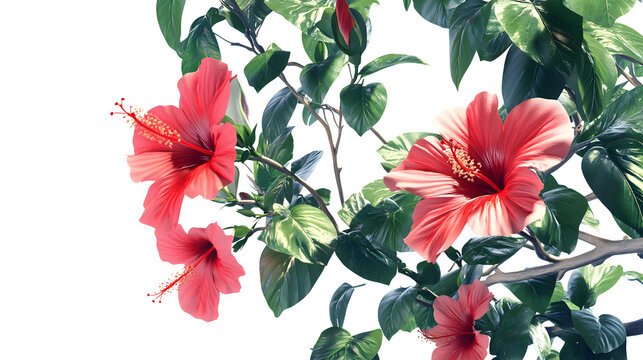 flowering hibiscus bush with red blossoms and glossy green leaves, photorealistic on a png background