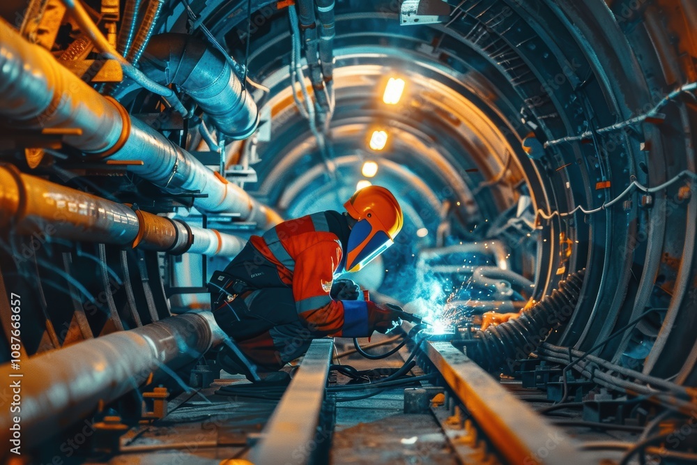 Poster skilled welders collaborating in high-tech industrial pipeline project for precision engineering