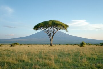 Obraz premium A breathtaking shot of Mount Kilimanjaro towering over the surrounding savanna under a clear blue sky