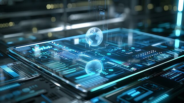 A transparent tablet with a holographic interface floating above it, displaying futuristic data.
