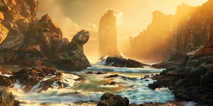 Rocky coastline with sea stacks and crashing waves, 4K Video