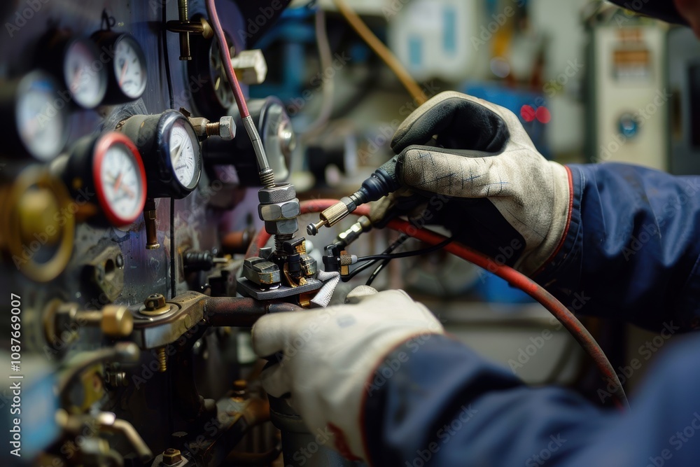 Aufkleber technician examining welding machine with precision and focus in industrial setting