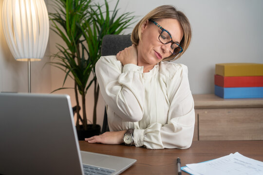 mature women neck and shoulder pain injury with red highlights on pain area, healthcare and medical concept.
