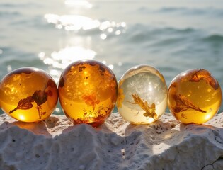 Amber spheres with preserved inclusions by the sea