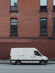 Fototapeta premium White Cargo Van Parked on City Street - Minimalist urban scene, white cargo van parked against a red brick wall, symbolizing delivery, transportation, logistics, urban life, and simplicity.