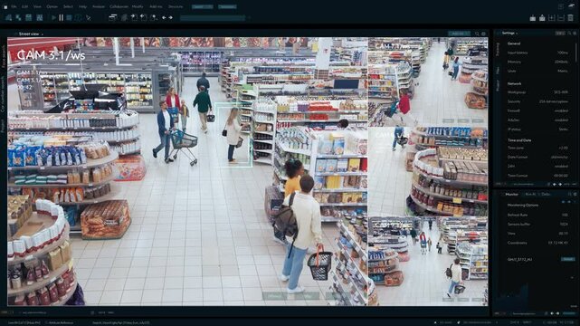 AI-powered Mock-up CCTV Footage in Supermarket: People Shopping in a Grocery Store. Multiple Camera Detect Suspicious Crime Activity, Activates Zoom in Theft Prevention Identity Analysis