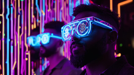 group of people with bitcoin glasses in neon vibes