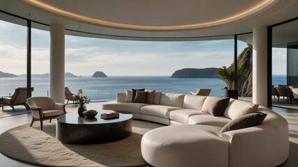 Fototapeta premium Here's a description and keywords for your stock photo.. Luxurious curved living room with panoramic ocean view.