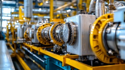 A close-up view of industrial machinery showcasing precision components and vibrant yellow accents in a factory setting.