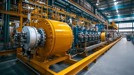 A vibrant industrial facility featuring large machinery and pipes, showcasing advanced technology in a spacious environment.
