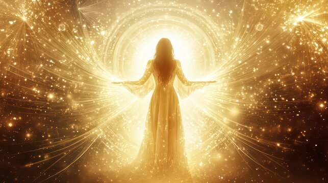 A radiant woman with golden wings and glowing light emanating from her heart, symbolizing divine energy and spiritual enlightenment.
