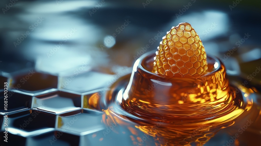 Poster a close-up of honeycomb dripping with golden honey, showcasing the intricate patterns and textures o