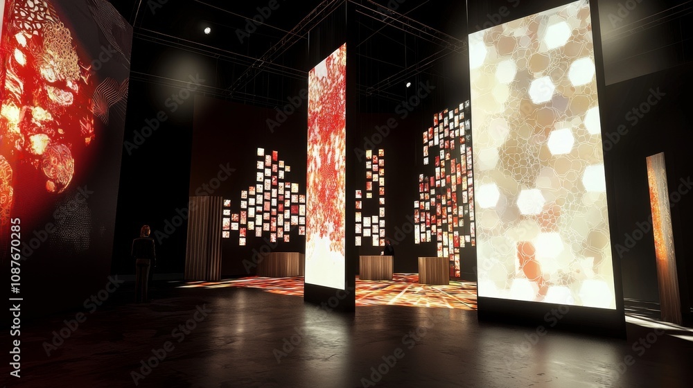 Poster a modern art installation featuring illuminated panels with abstract designs, creating a vibrant and