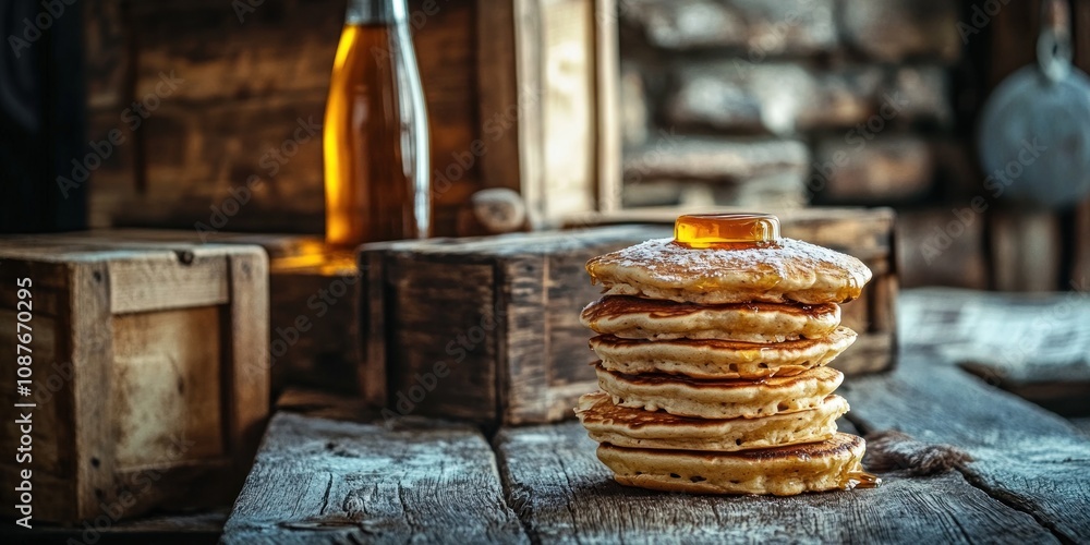 Poster a stack of pancakes topped with syrup, set against rustic wooden crates and a bottle.