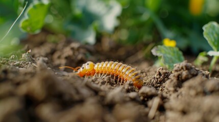 the caterpillar crawls on the ground.