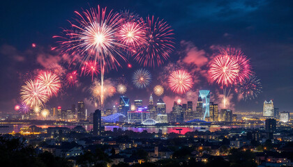 City skyline at midnight with vibrant fireworks and illuminated buildings.

