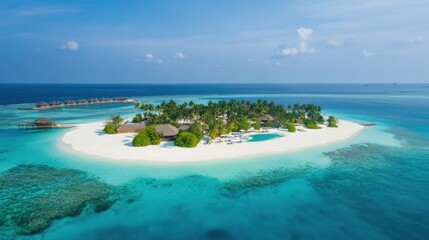 Fototapeta premium Luxury Tropical Island Resort White Sand Beach, Turquoise Ocean, Palm Trees