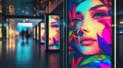 Obraz premium A vibrant corridor features large digital displays showcasing a colorful, artistic portrait of a woman, blending technology with modern art.