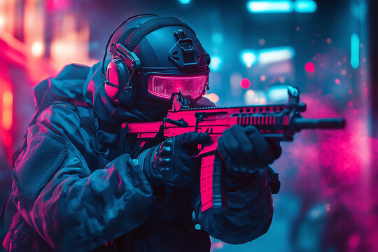 Tactical fps character with geometric neon overlays, competitive gaming scene.