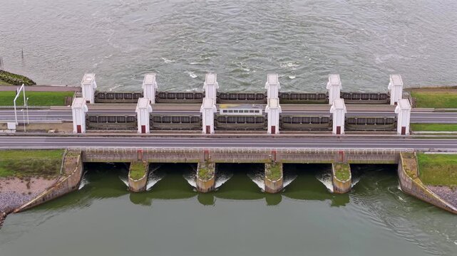 Aerial of afsluitdijk sea water discharge sluices in IJsselmeer lake