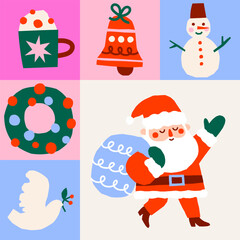 Cute cutout style Christmas banner. Hand drawn simple retro holidays vector illustration set with Santa Claus, snowman, wreath, dove, bell, coffee