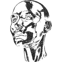 Human head model with halftone stipple effect, for grunge punk y2k collage design. Vector illustration in grainy photocopy texture for experimental dotted retro banner design