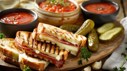 A delightful grilled cheese sandwich platter with gourmet fillings like brie, fig jam