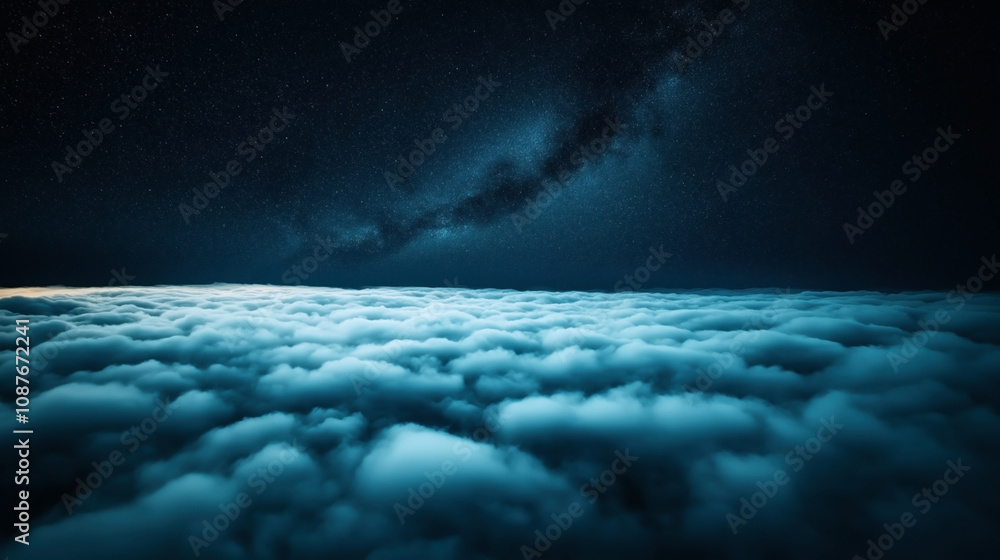 Sticker aerial view of cloudscape under a starry night sky with visible milky way galaxy, creating a serene 
