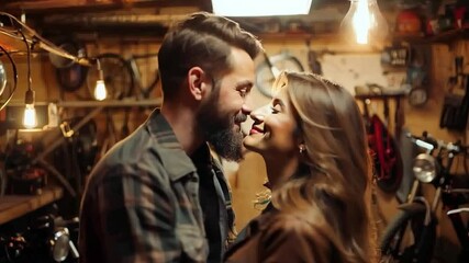Couple in a warm embrace in a vintage motorcycle garage, expressing love and intimacy. Rustic and nostalgic atmosphere for lifestyle and romantic themes. Generative AI
