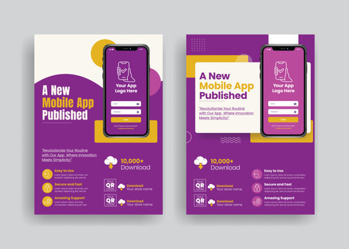mobile app promotion and mobile app development editable print flyer or poster template,  software promotion flyer with 3d smartphone illustration
