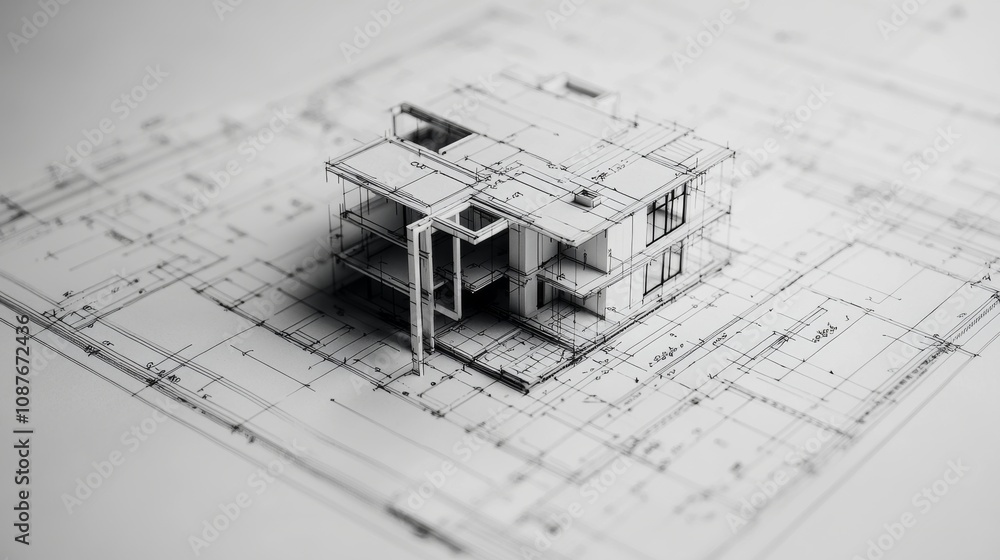 Poster a 3d architectural model sits atop a detailed blueprint, showcasing a modern house design with intri