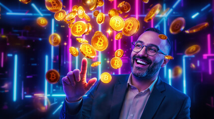 Happy Man with lot of Bitcoins