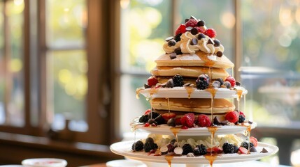 A delightful pancake and waffle tower adorned with fresh berries, whipped cream