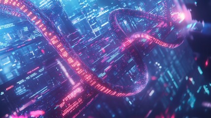 Cyberpunk DNA Helix Futuristic Data Stream, Neon Glow, Digital Code
