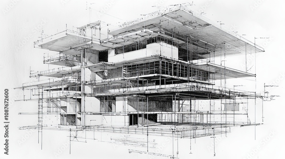 Poster a detailed architectural sketch showcasing a modern building design, emphasizing structural elements
